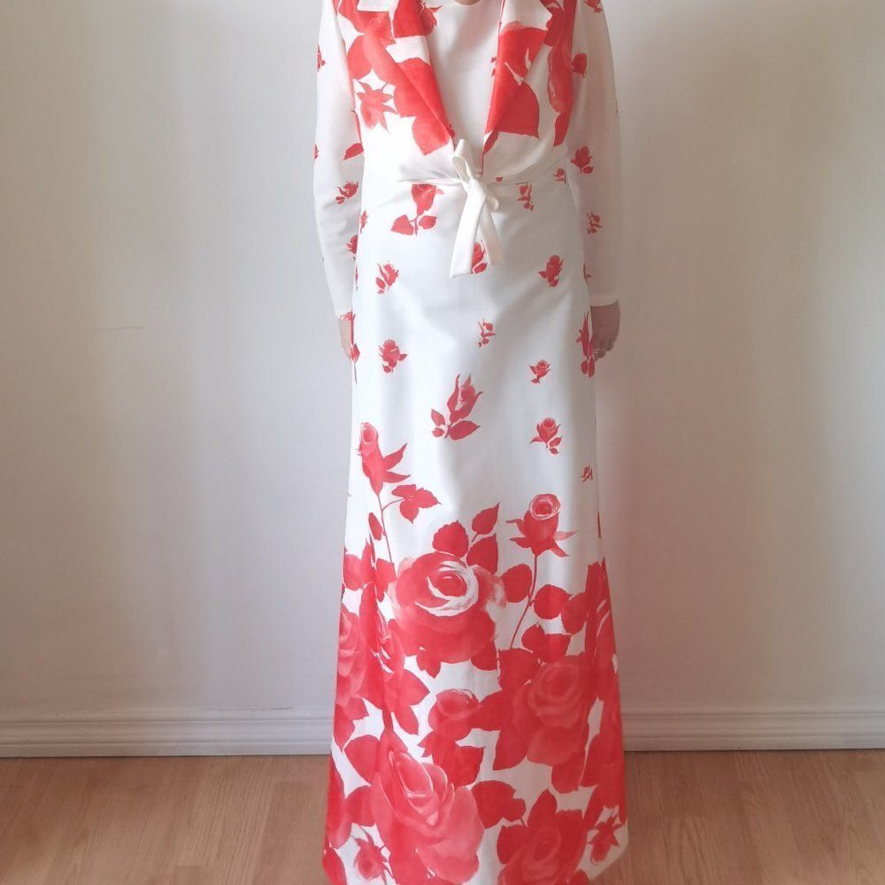 2 piece 1970s Rose Print Red & White Maxi Dress Set - Picture 5 of 6